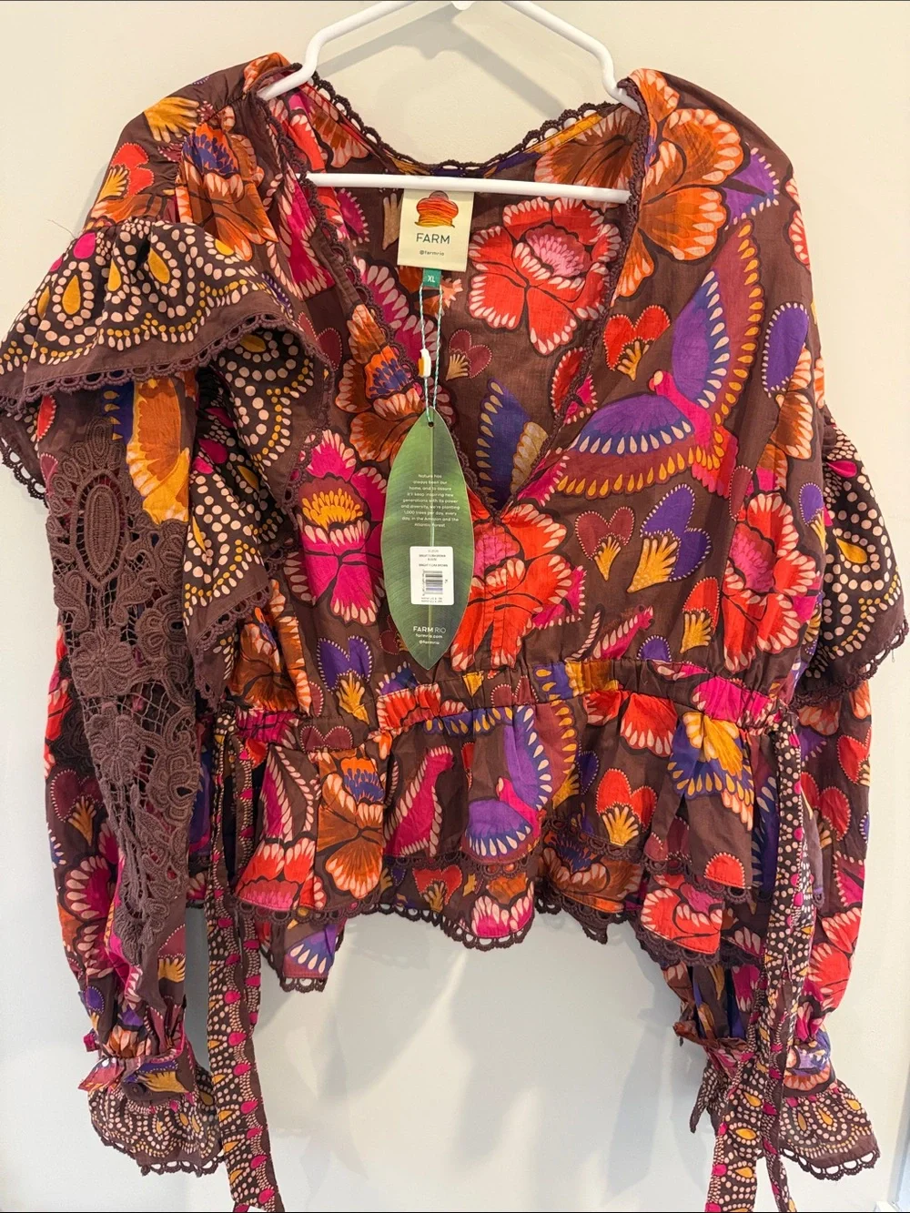 FARM Rio Bright Flora Brown Floral Peasant Blouse with Vibrant Accents